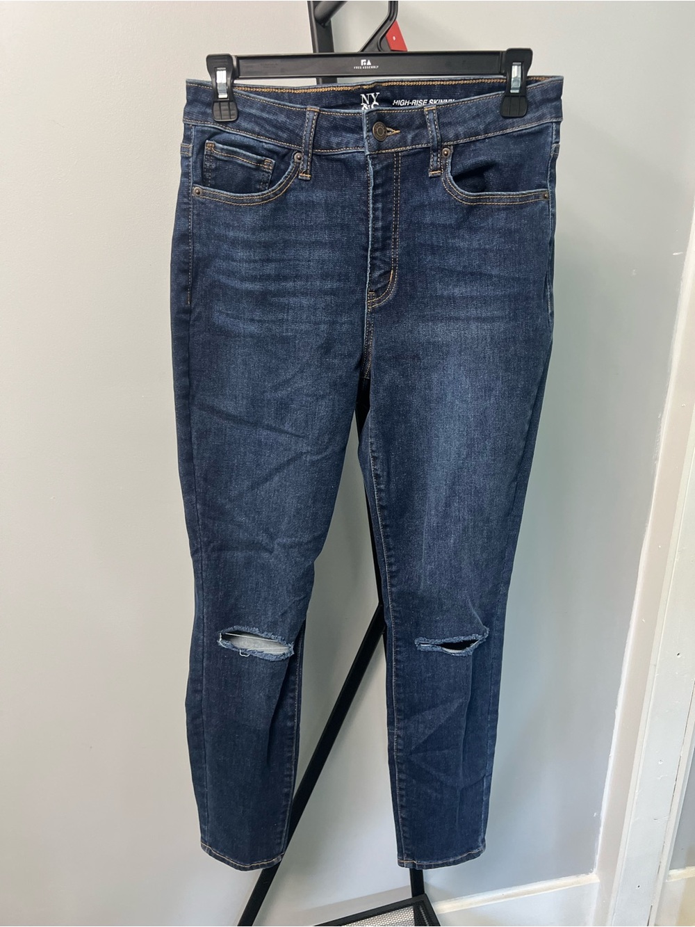 New York & Company Dark Blue High-Rise Cropped Skinny Jeans with Knee Rips